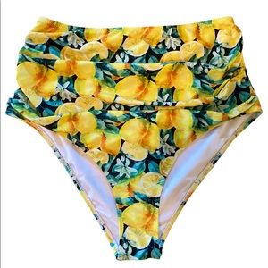 Cupshe Lemon Print Ruched High Waist Tummy Control Bikini Bottoms NWOT Medium